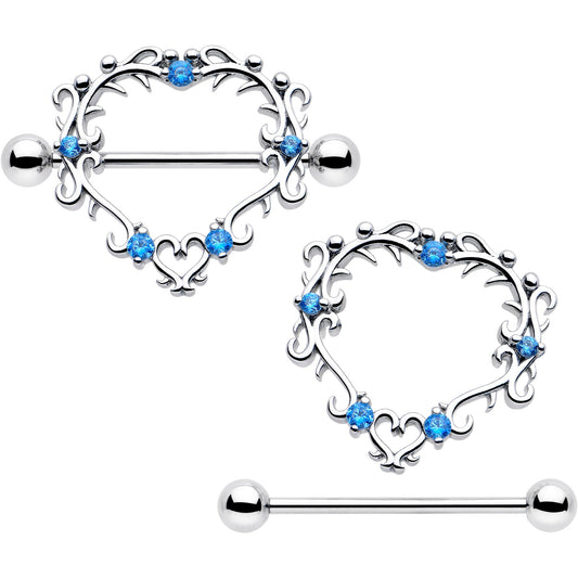 14G 9/16 Blue CZ Gem Leafy Heart Nipple Shield Set