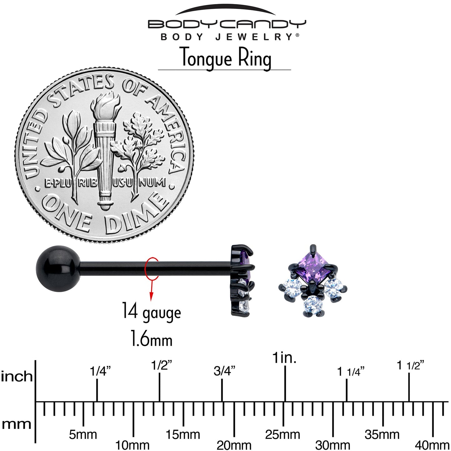 Purple CZ Gem Black Rhombus Riot Barbell Tongue Ring