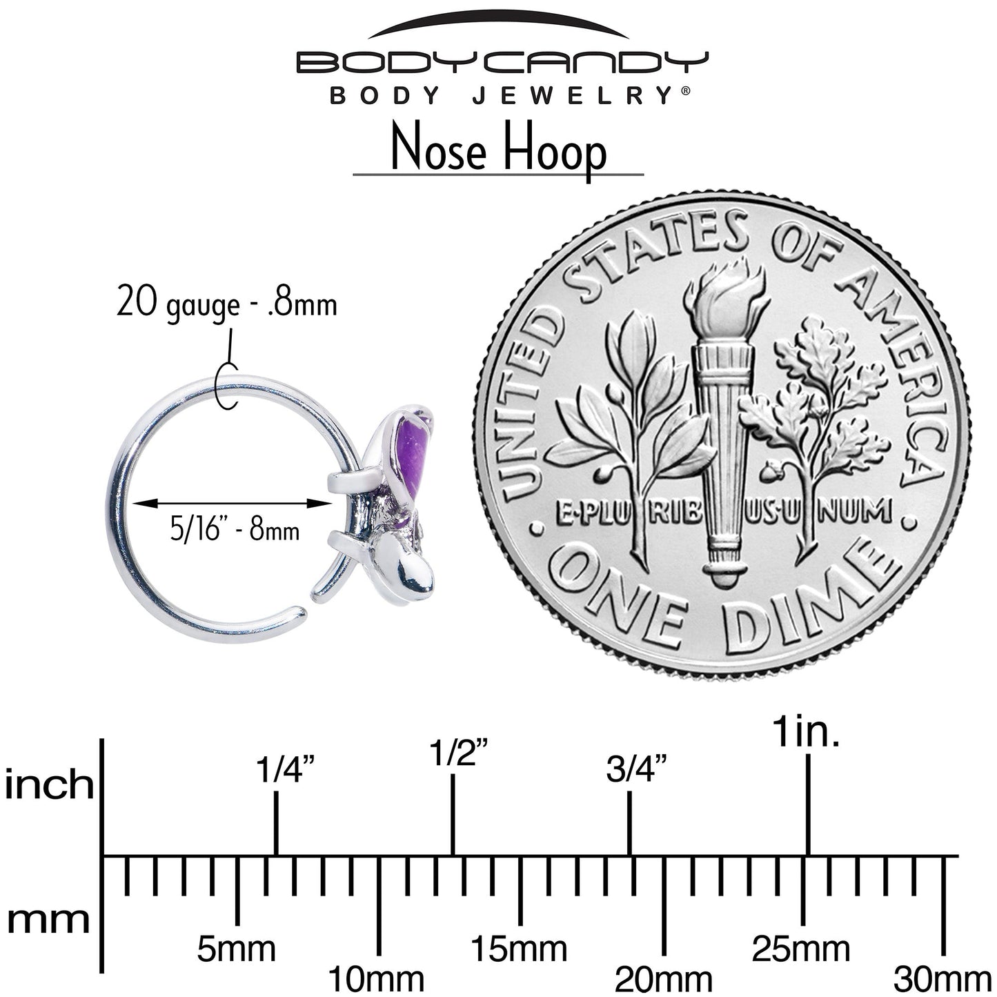 20G 5/16 Clear Gem Chunky Butterfly Purple Nose Hoop