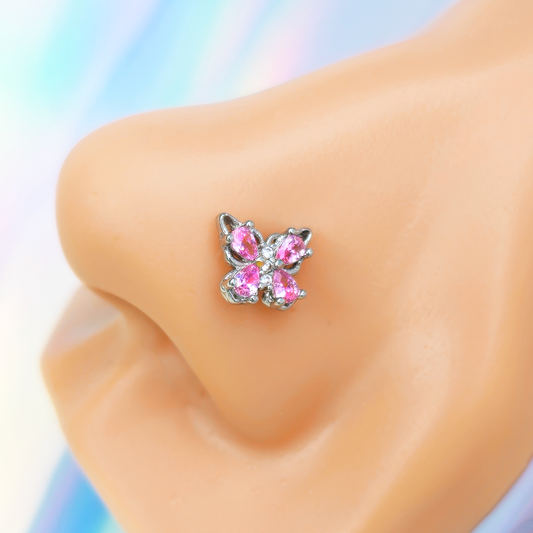 20G 7mm Pink Gem Baroque Beauty Butterfly Left Side Nose Screw