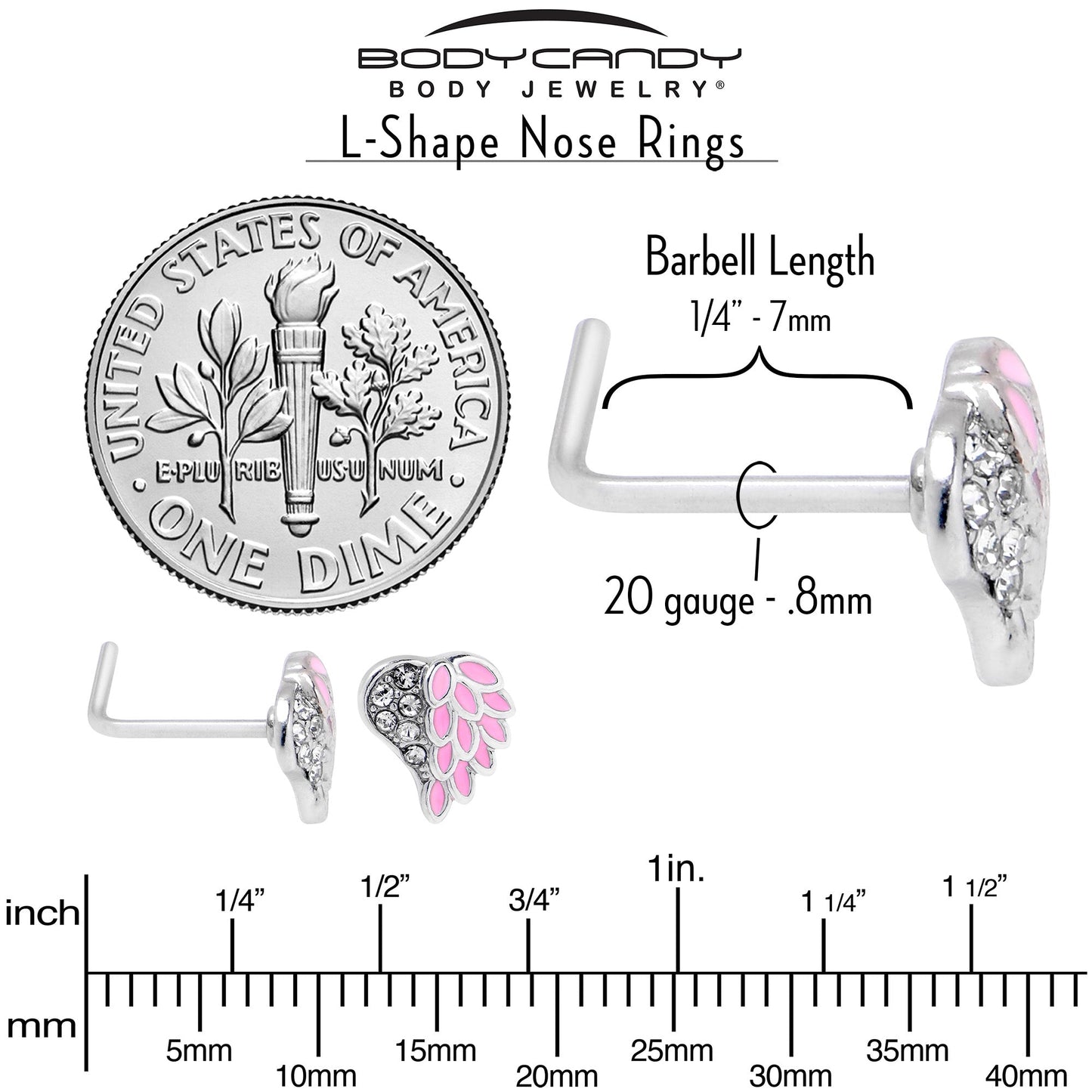 20G 7mm Clear Gem Heavenly Heart Angel Wing Pink L Shape Nose Ring