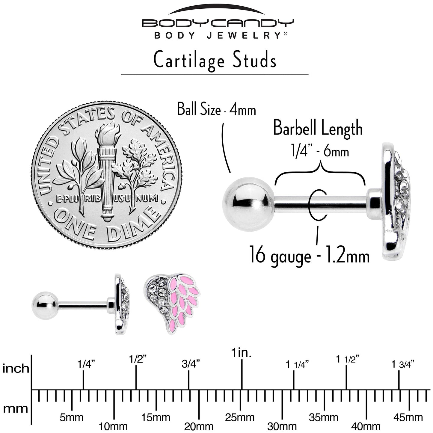 16G 1/4 Clear Gem Heavenly Heart Angel Wing Pink Cartilage Earring