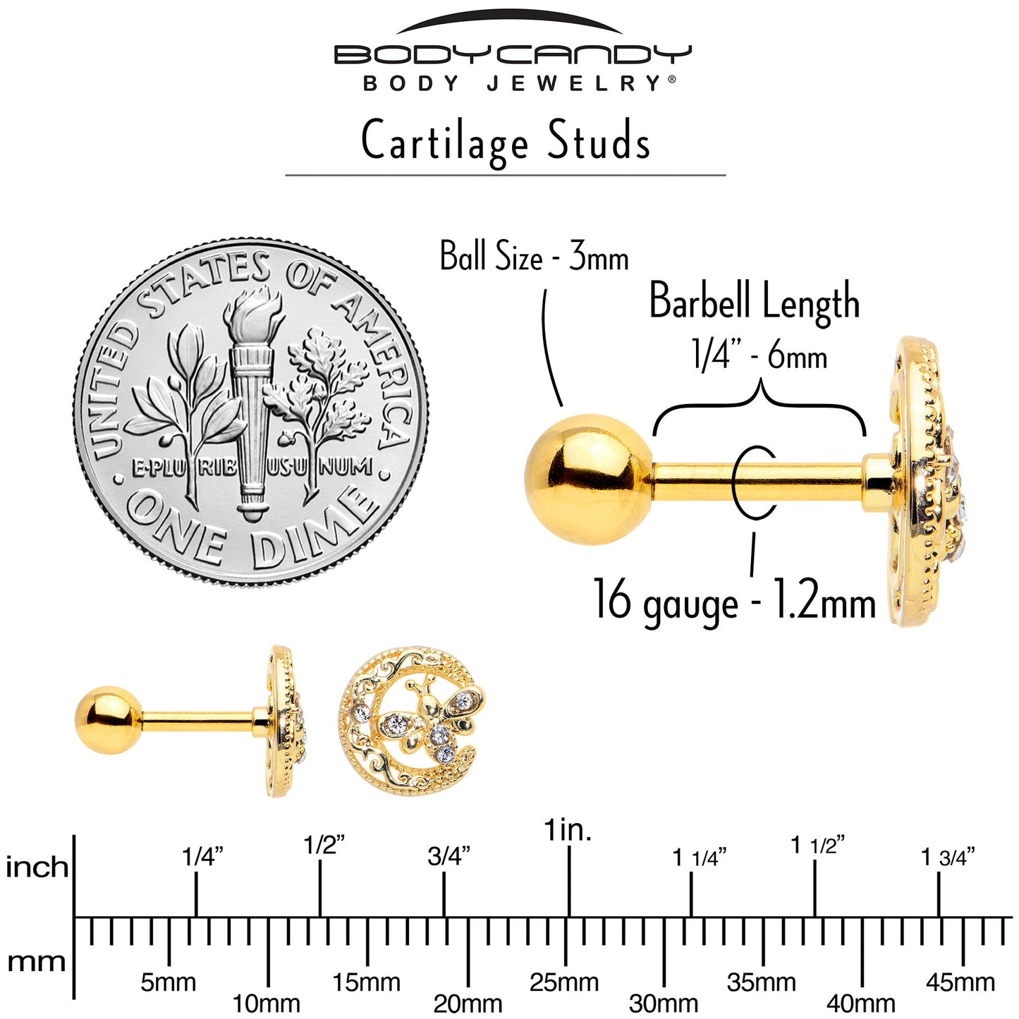 16G 1/4 Clear Gem Gold Tone Lunar Dragonfly Cartilage Earring