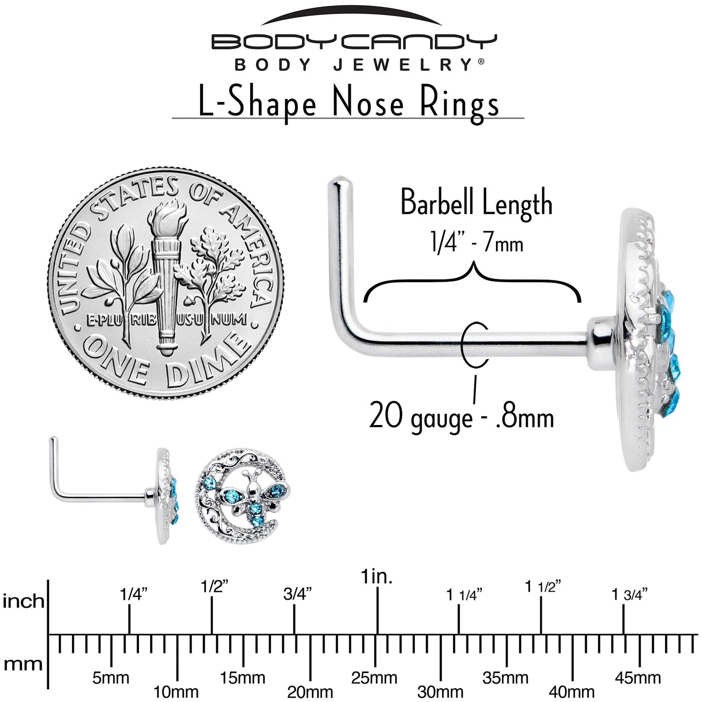 20G 7mm Blue Gem Lunar Dragonfly L Shape Nose Ring