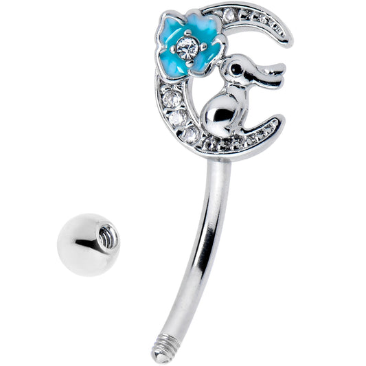 16G 5/16 Clear CZ Gem Rabbit On The Moon Blue Curved Eyebrow Ring