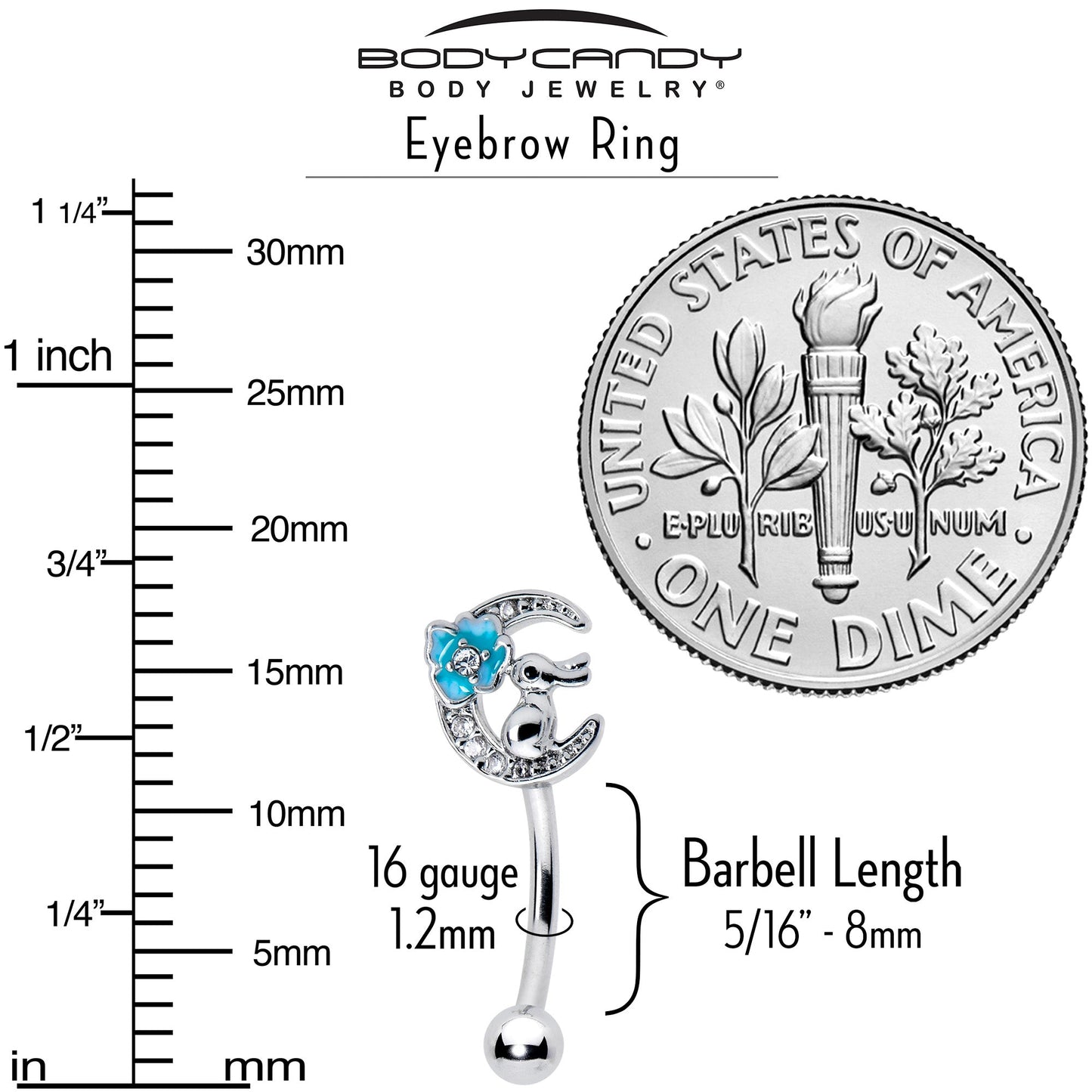 16G 5/16 Clear CZ Gem Rabbit On The Moon Blue Curved Eyebrow Ring