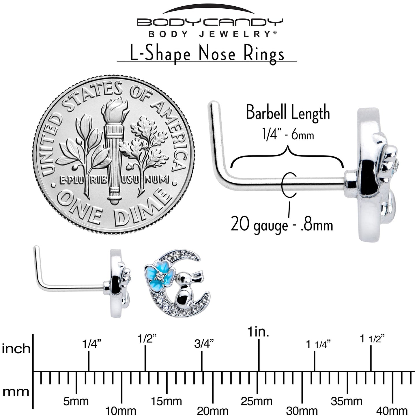 20G 7mm Clear CZ Gem Rabbit On The Moon Blue L Shape Nose Ring