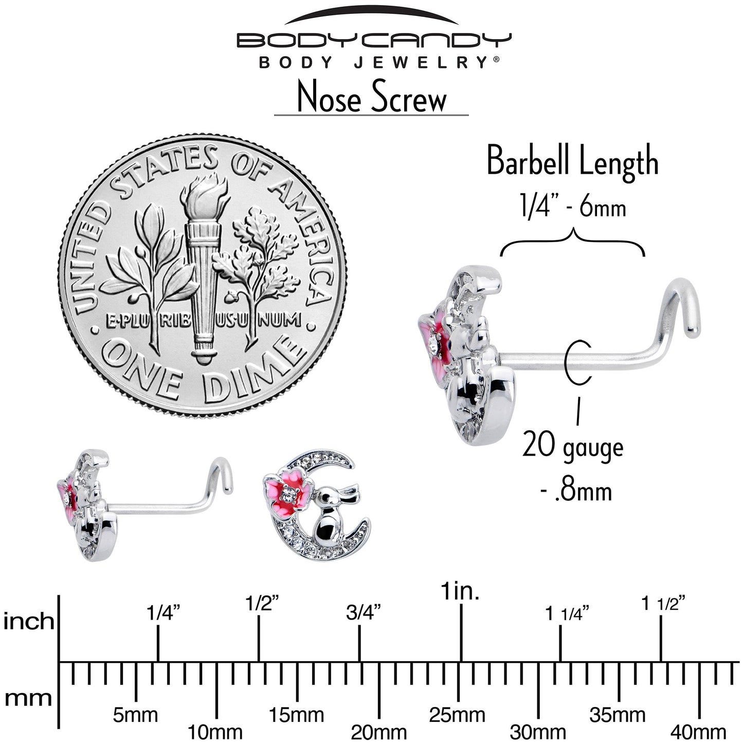 20G 7mm Clear CZ Gem Rabbit On The Moon Pink Left Side Nose Screw