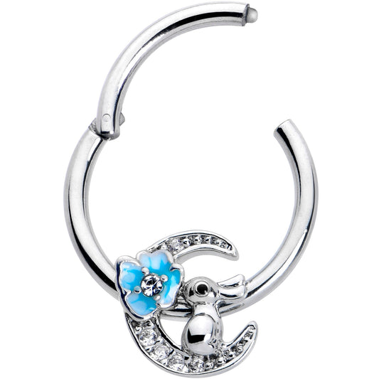 16G 3/8 Clear CZ Gem Rabbit On The Moon Blue Hinged Segment Ring