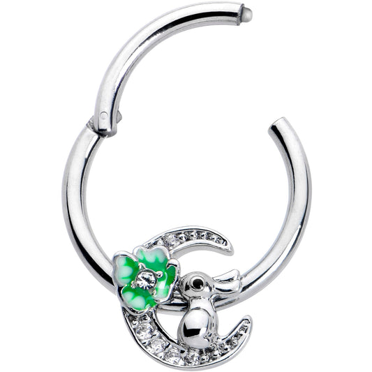 16G 3/8 Clear CZ Gem Rabbit On The Moon Green Hinged Segment Ring