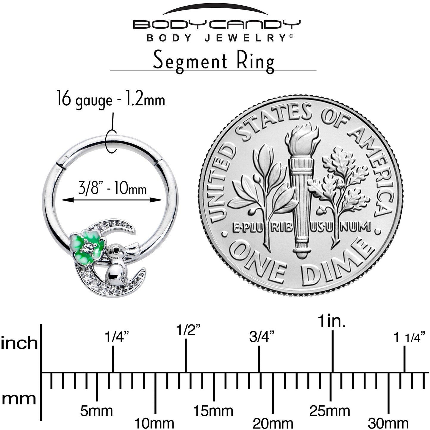 16G 3/8 Clear CZ Gem Rabbit On The Moon Green Hinged Segment Ring