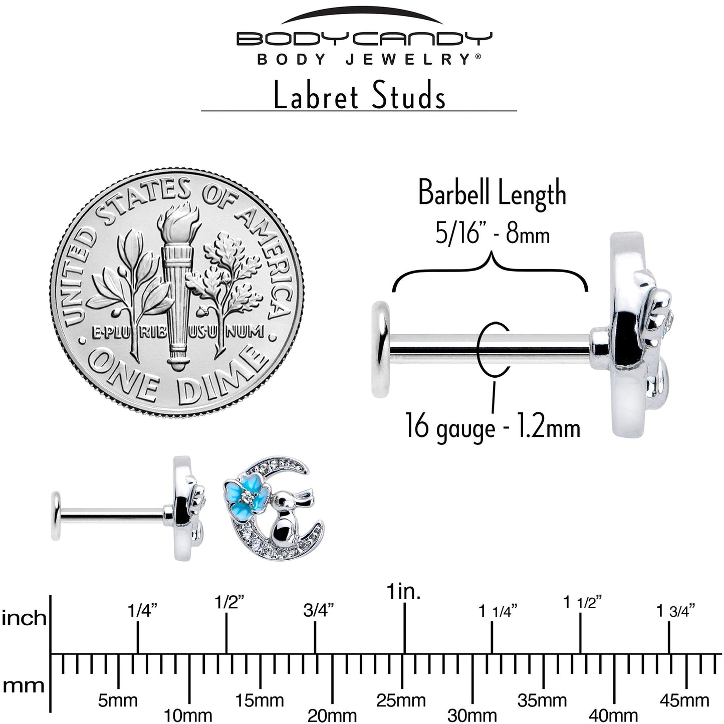 16G 5/16 Clear CZ Gem Rabbit Moon Blue Internally Threaded Labret