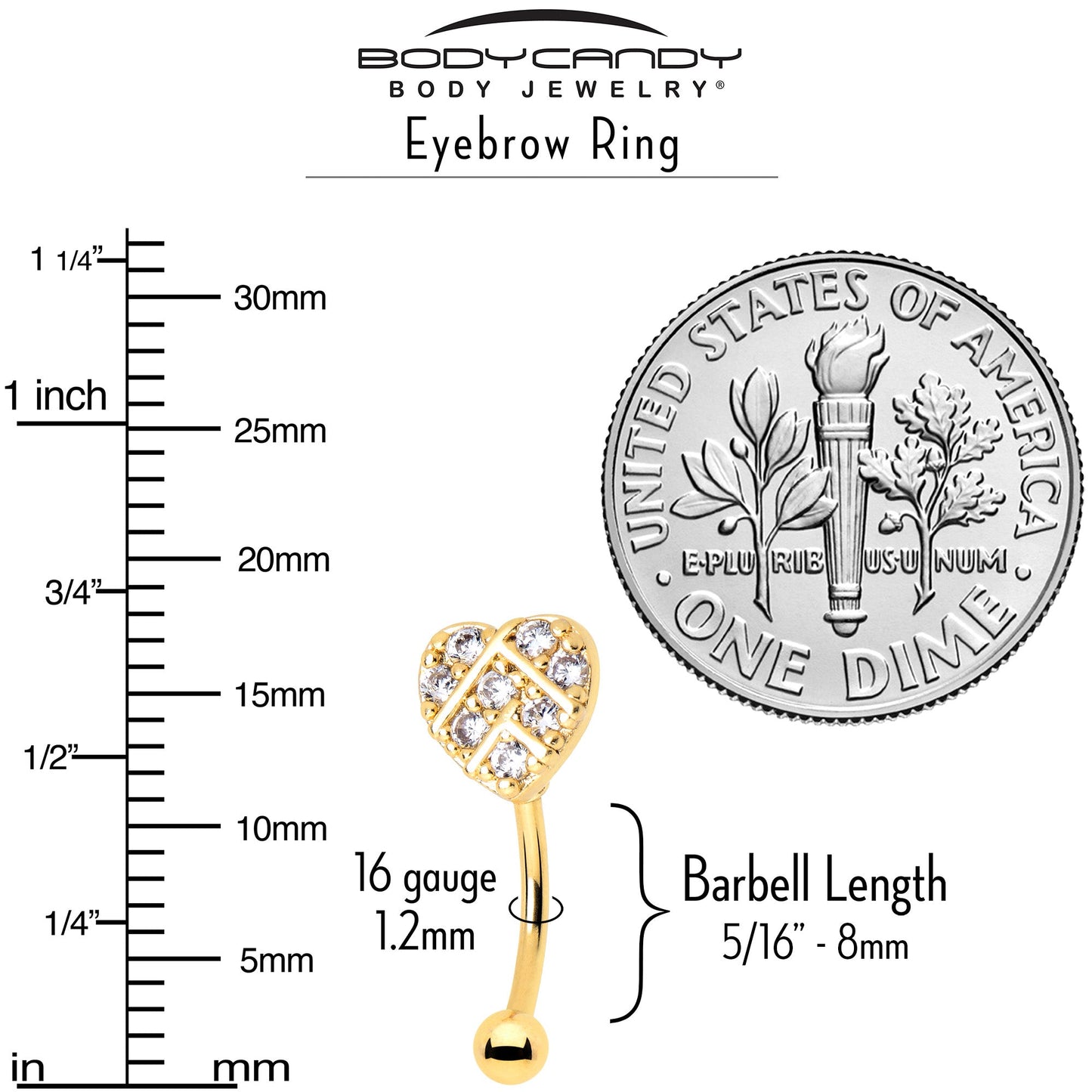 16G 5/16 Clear Gem Gold Tone Lattice Heart Curved Eyebrow Ring