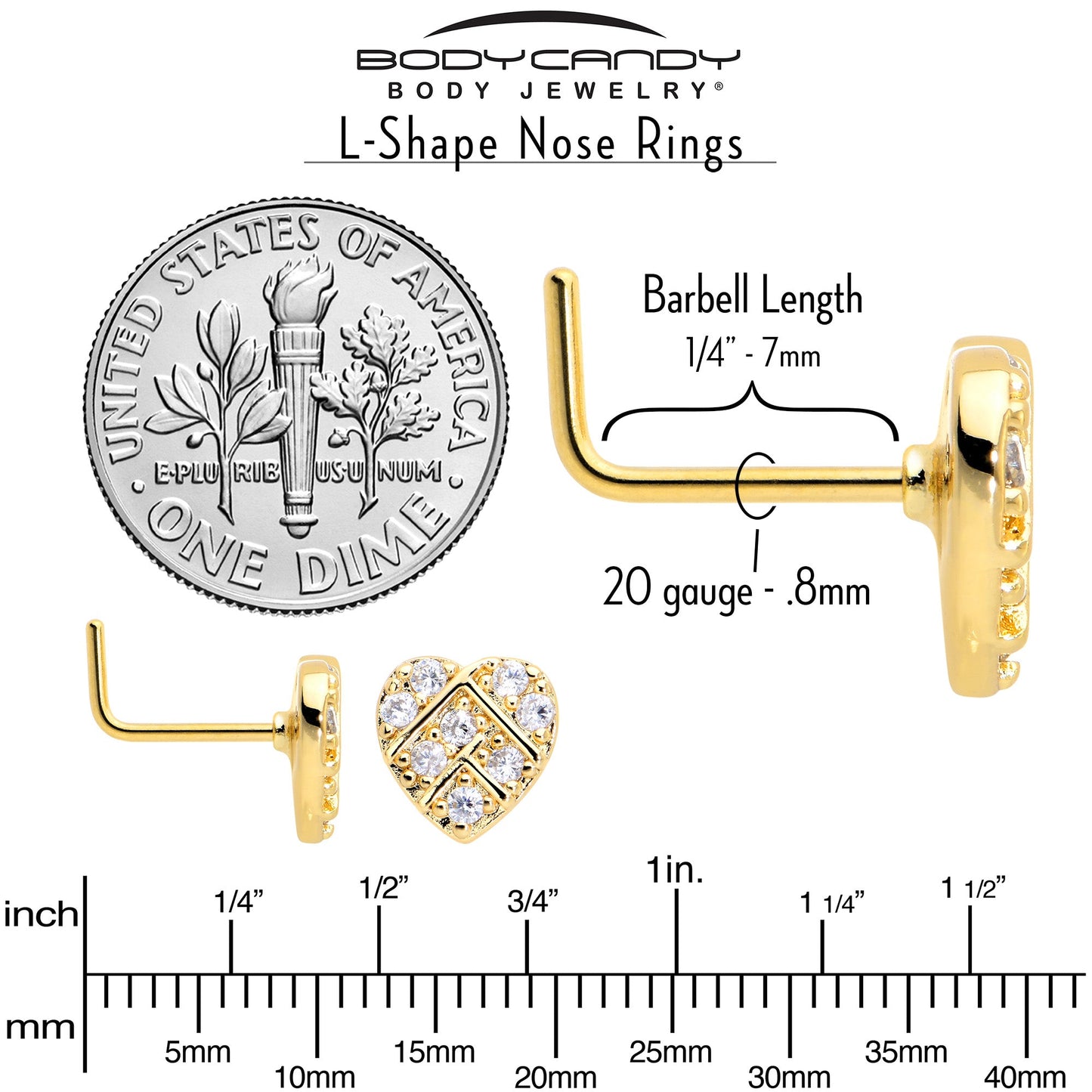 20G 7mm Clear Gem Gold Tone Lattice Heart L Shape Nose Ring