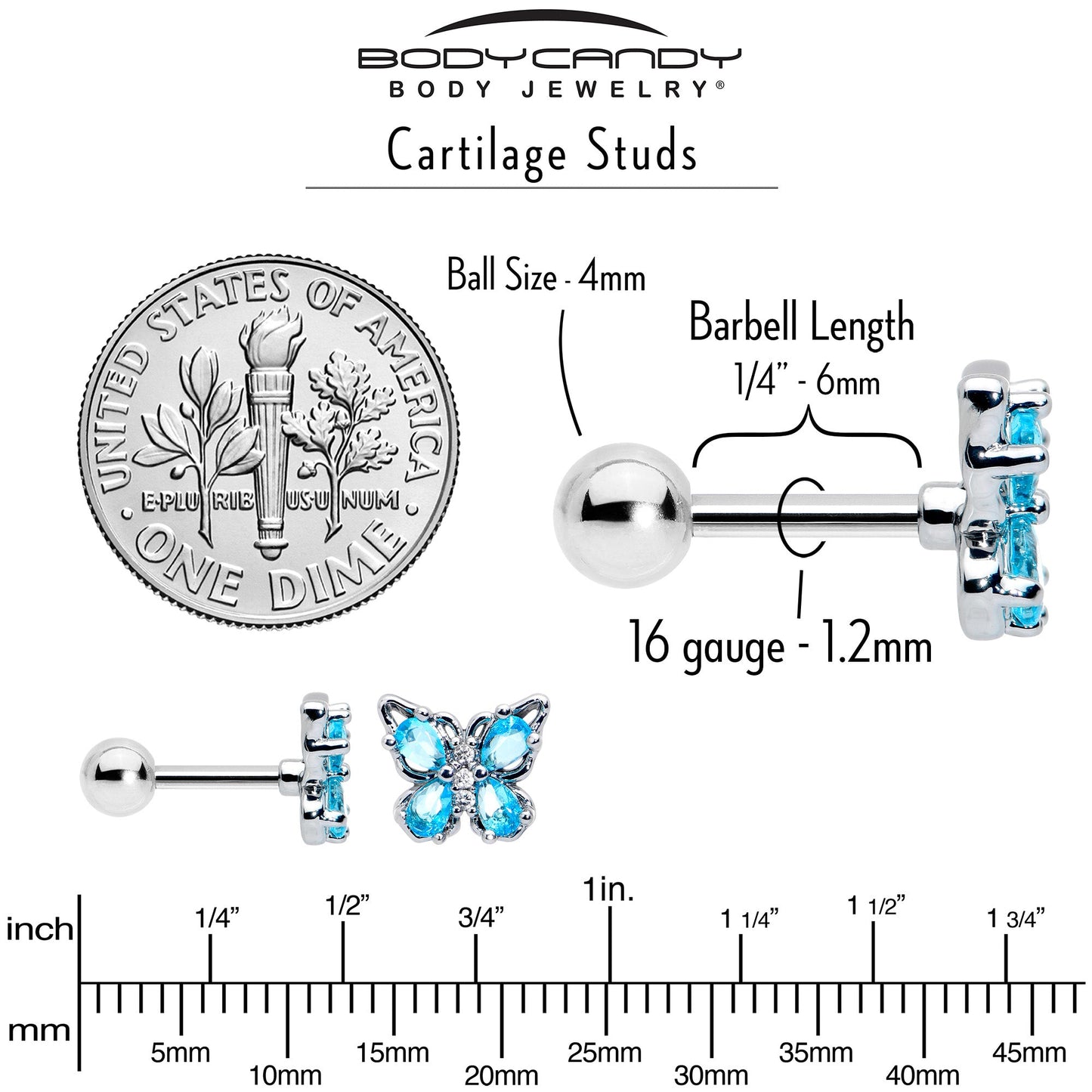 16G 1/4 Blue Gem Baroque Beauty Butterfly Cartilage Tragus Earring