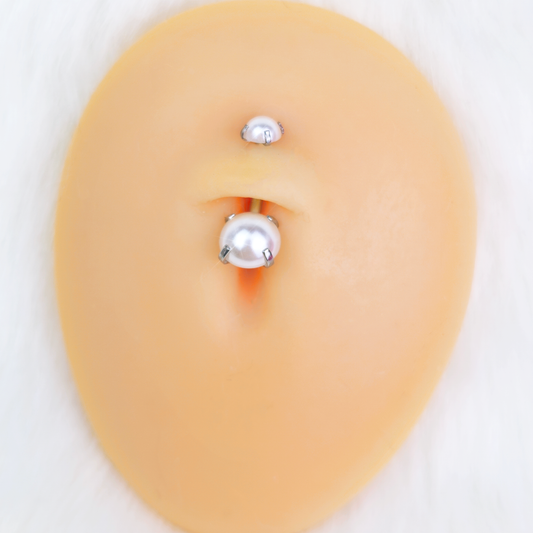 Opaque White Faux Pearl June Birthstone Double Mount Belly Ring