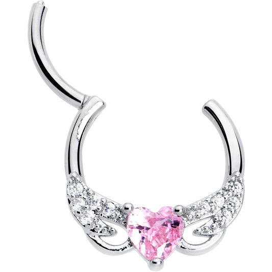 16G 3/8 Pink Clear CZ Gem Flying Heart Hinged Segment Ring