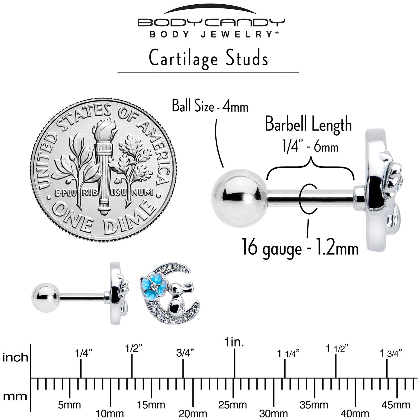 16G 1/4 Clear CZ Gem Rabbit On The Moon Blue Cartilage Earring