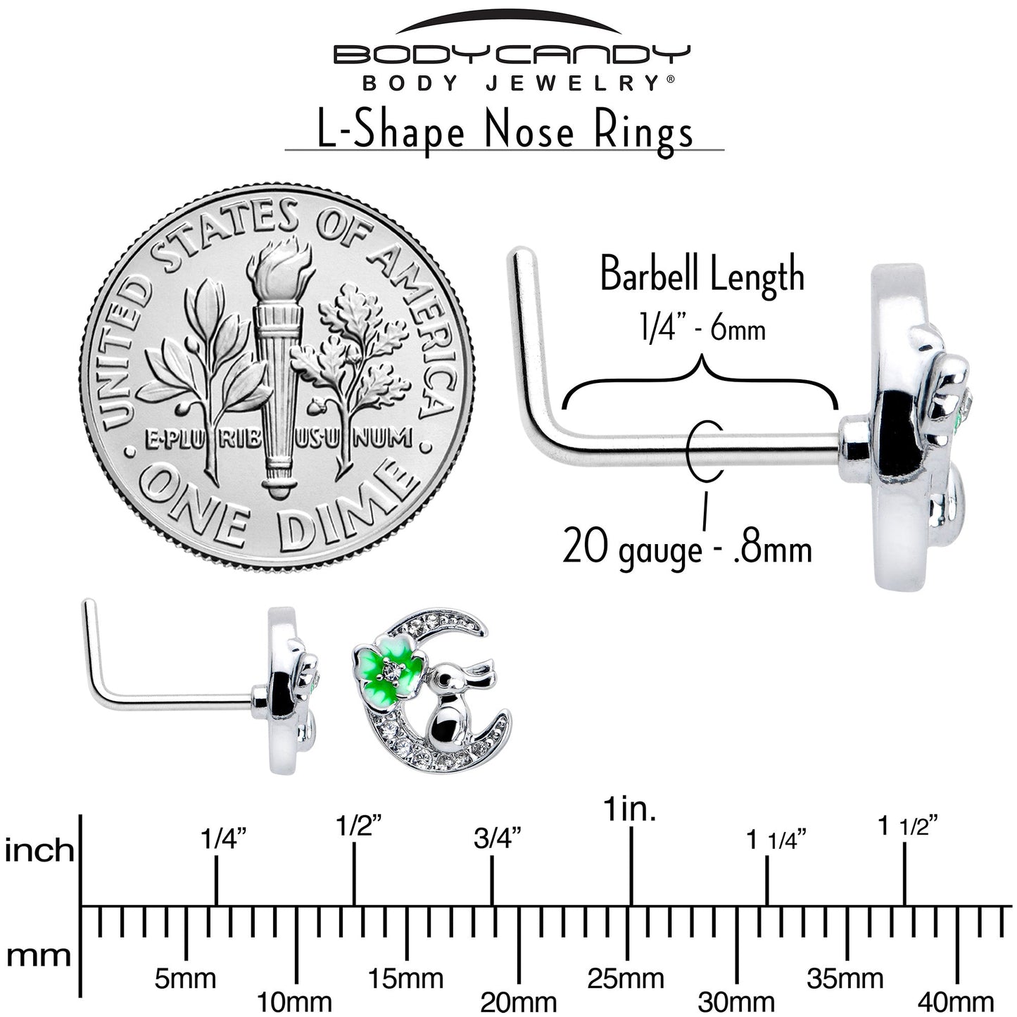 20G 7mm Clear CZ Gem Rabbit On The Moon Green L Shape Nose Ring