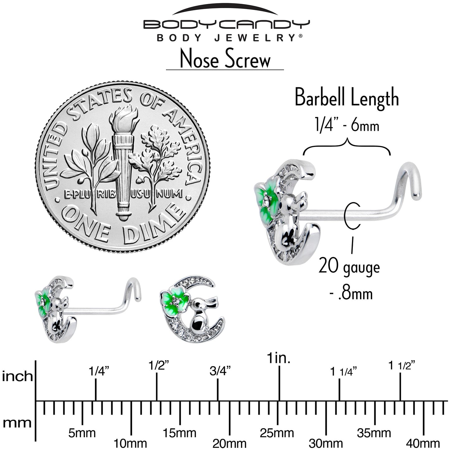 20G 7mm Clear CZ Gem Rabbit On The Moon Green Left Side Nose Screw