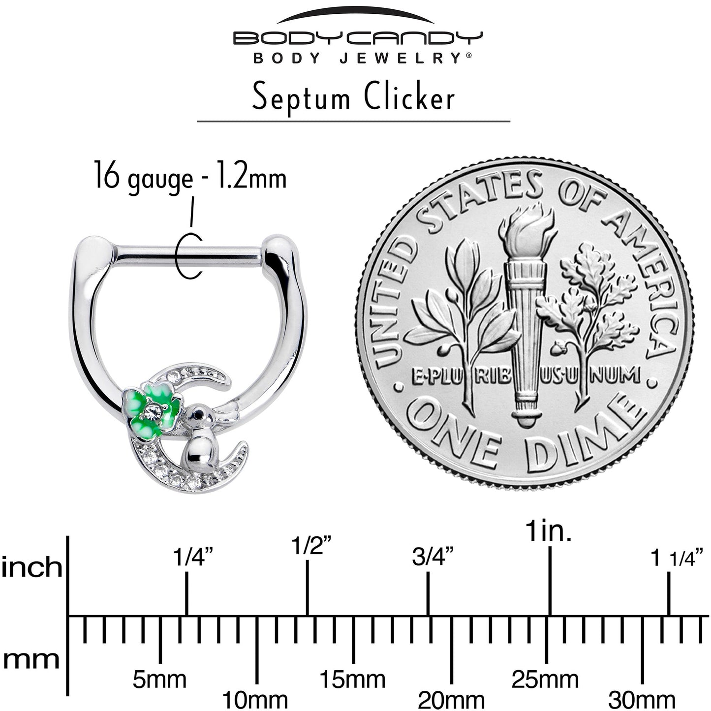 16G 5/16 Clear CZ Gem Rabbit On The Moon Green Cartilage Clicker