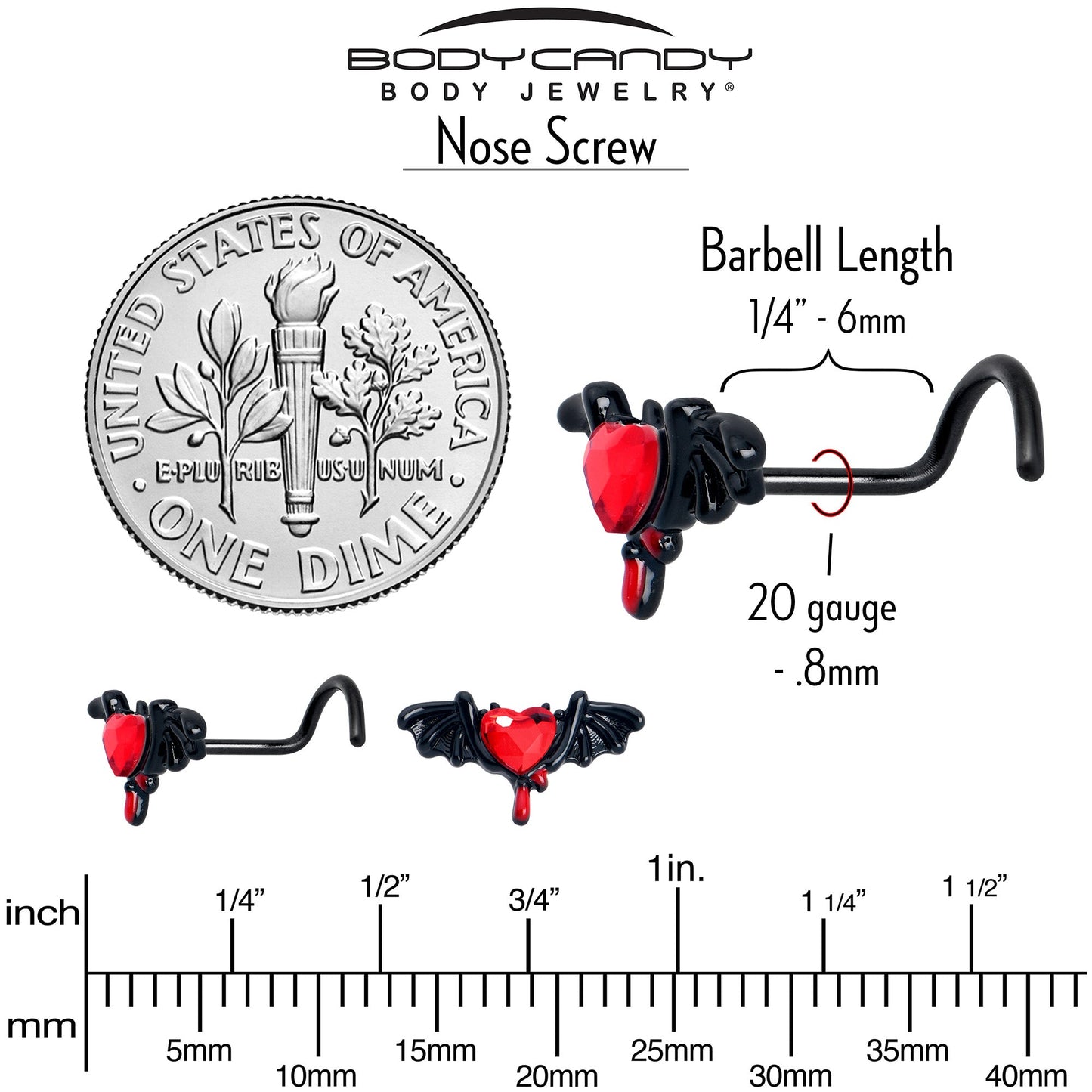 20G 7mm Red Gem Black Bleeding Heart Bat Left Side Nose Screw