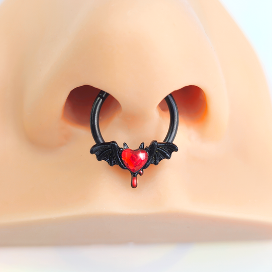 16G 3/8 Red Gem Black Bleeding Heart Bat Hinged Segment Ring