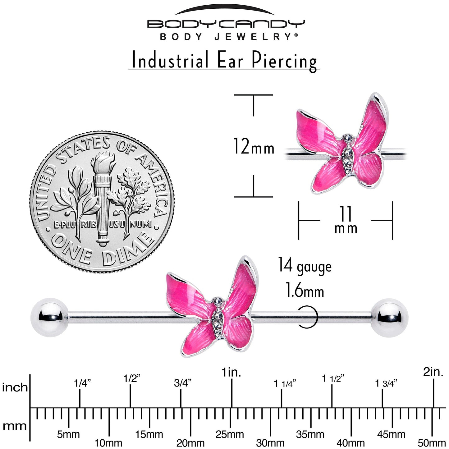 14G Clear Gem Chunky Butterfly Pink Industrial Barbell 38mm