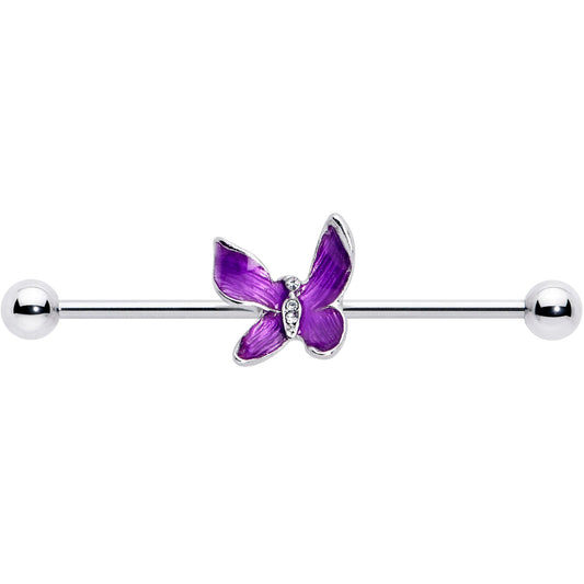 14G Clear Gem Chunky Butterfly Purple Industrial Barbell 38mm