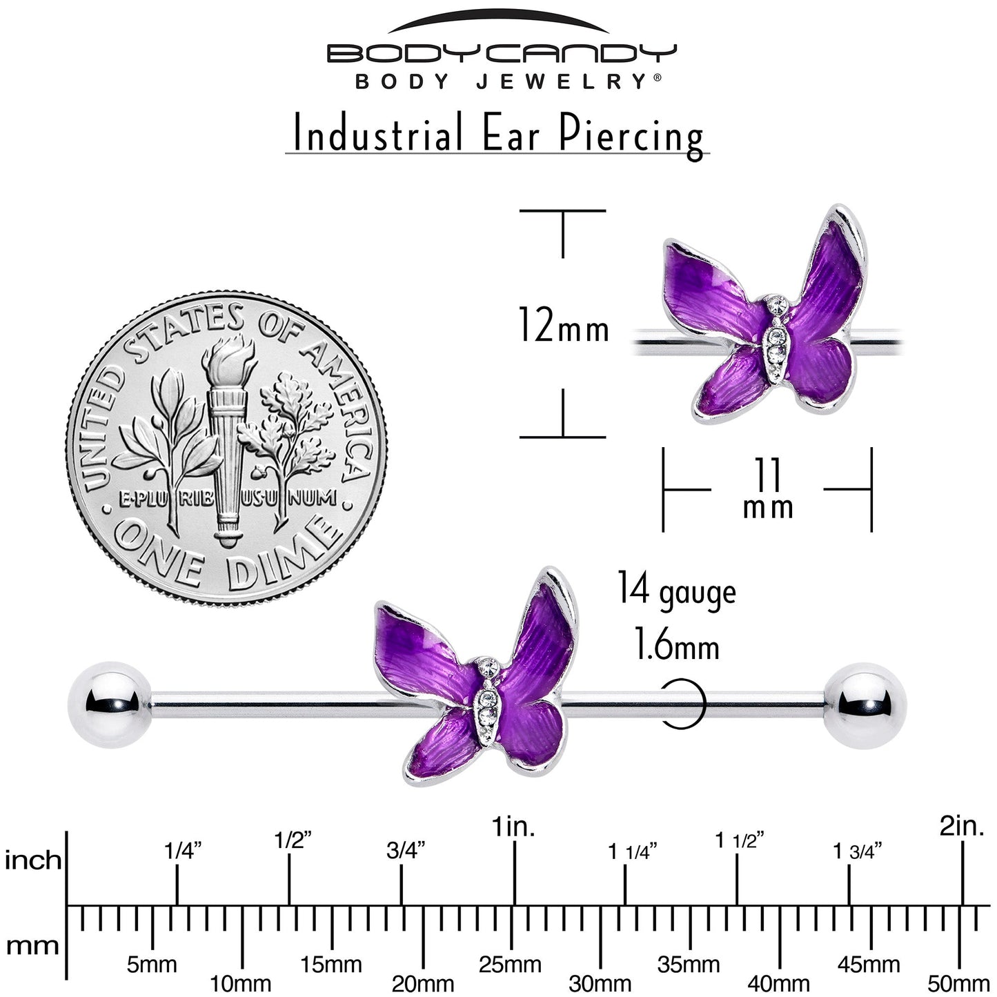 14G Clear Gem Chunky Butterfly Purple Industrial Barbell 38mm