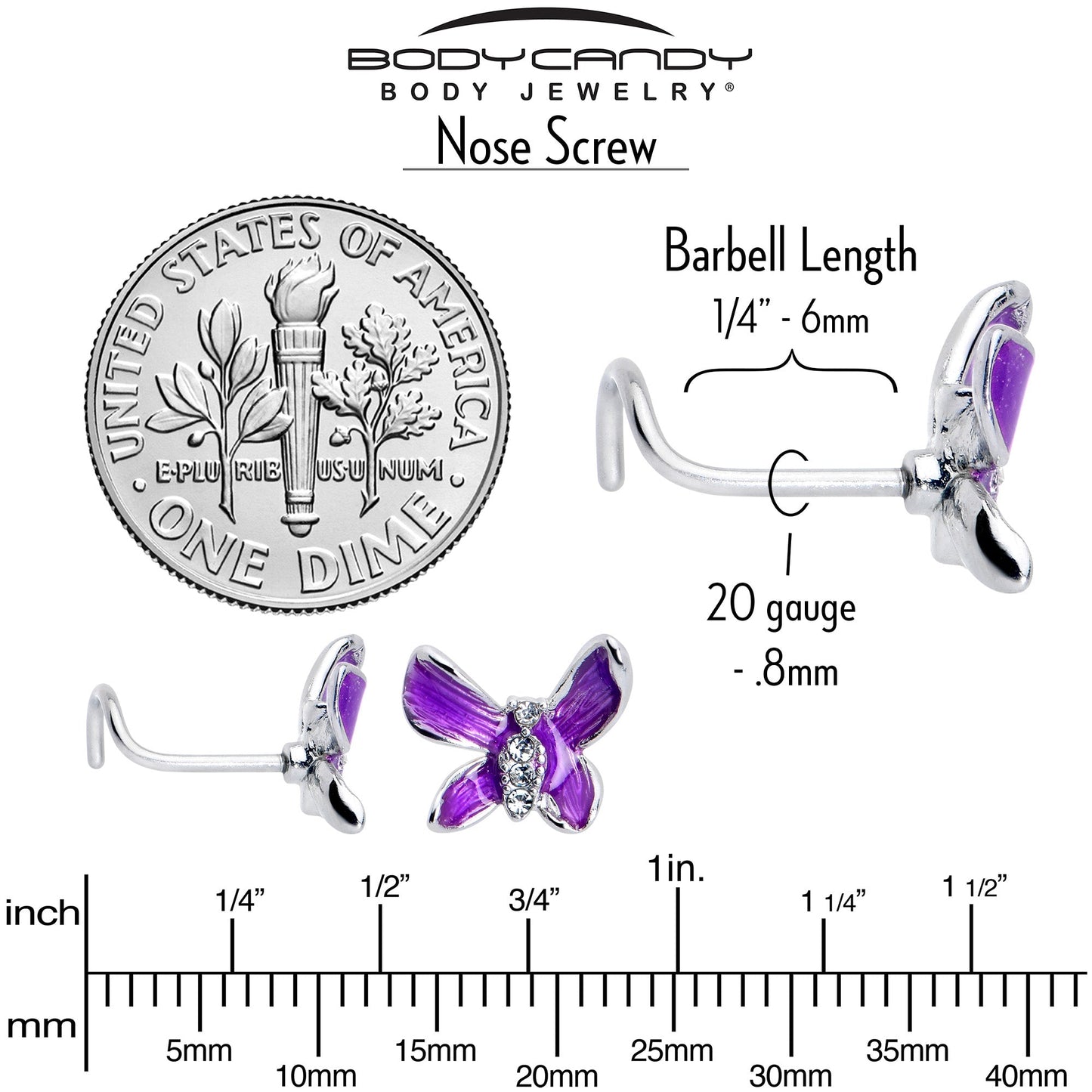 20G 7mm Clear Gem Chunky Butterfly Purple Left Side Nose Screw
