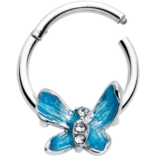 16G 3/8 Clear Gem Chunky Butterfly Blue Hinged Segment Ring