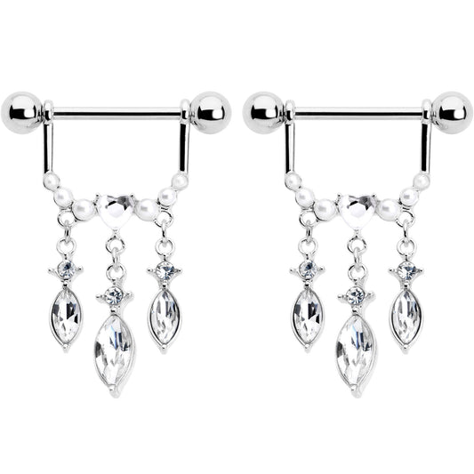 14G 9/16 Clear Gem Heart Triple Drop Dangle Nipple Ring Set