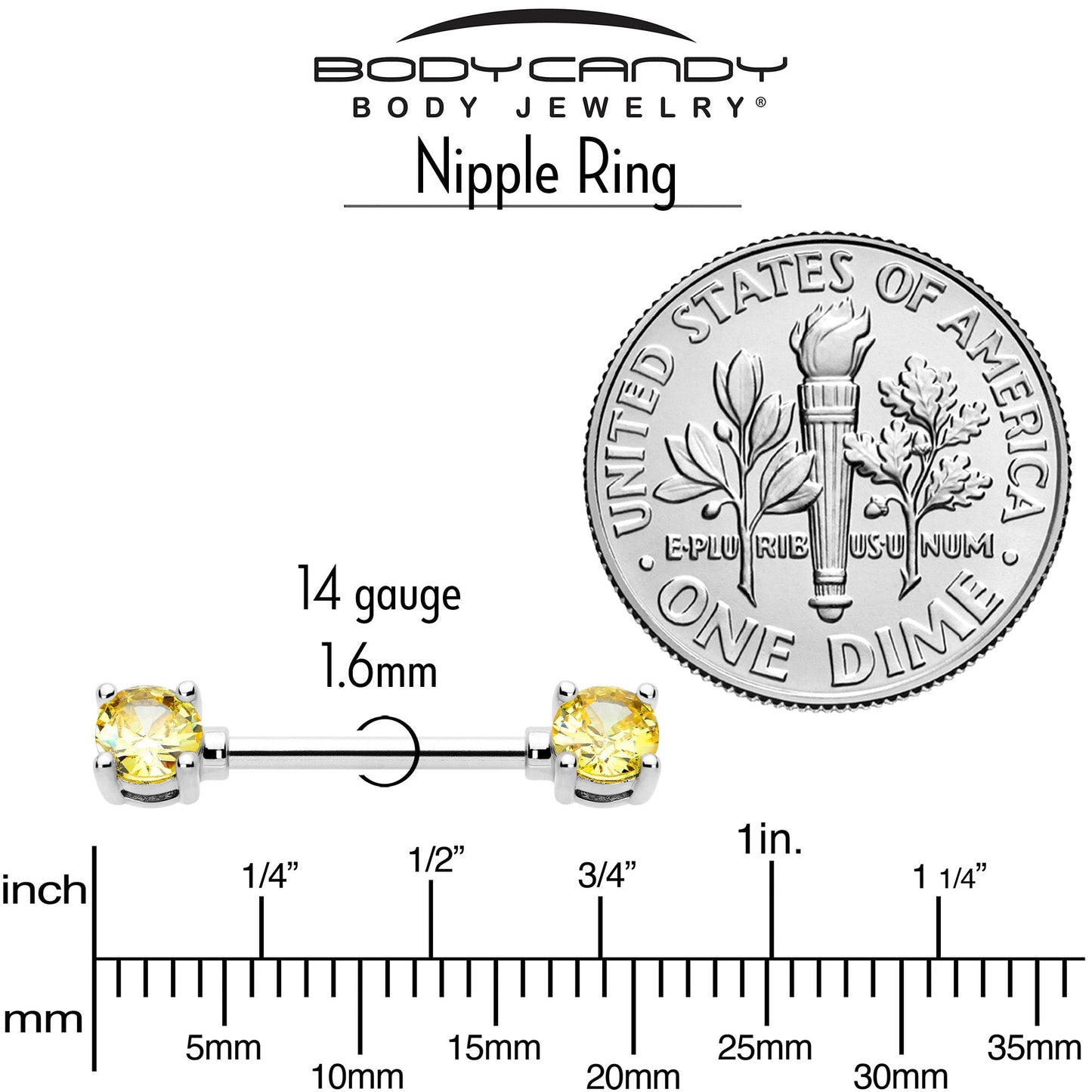 14G 9/16 Yellow CZ Gem November Birthstone Nipple Ring Set