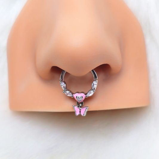 16G 3/8 Clear CZ Gem Luv Butterfly Pink Dangle Hinged Segment Ring