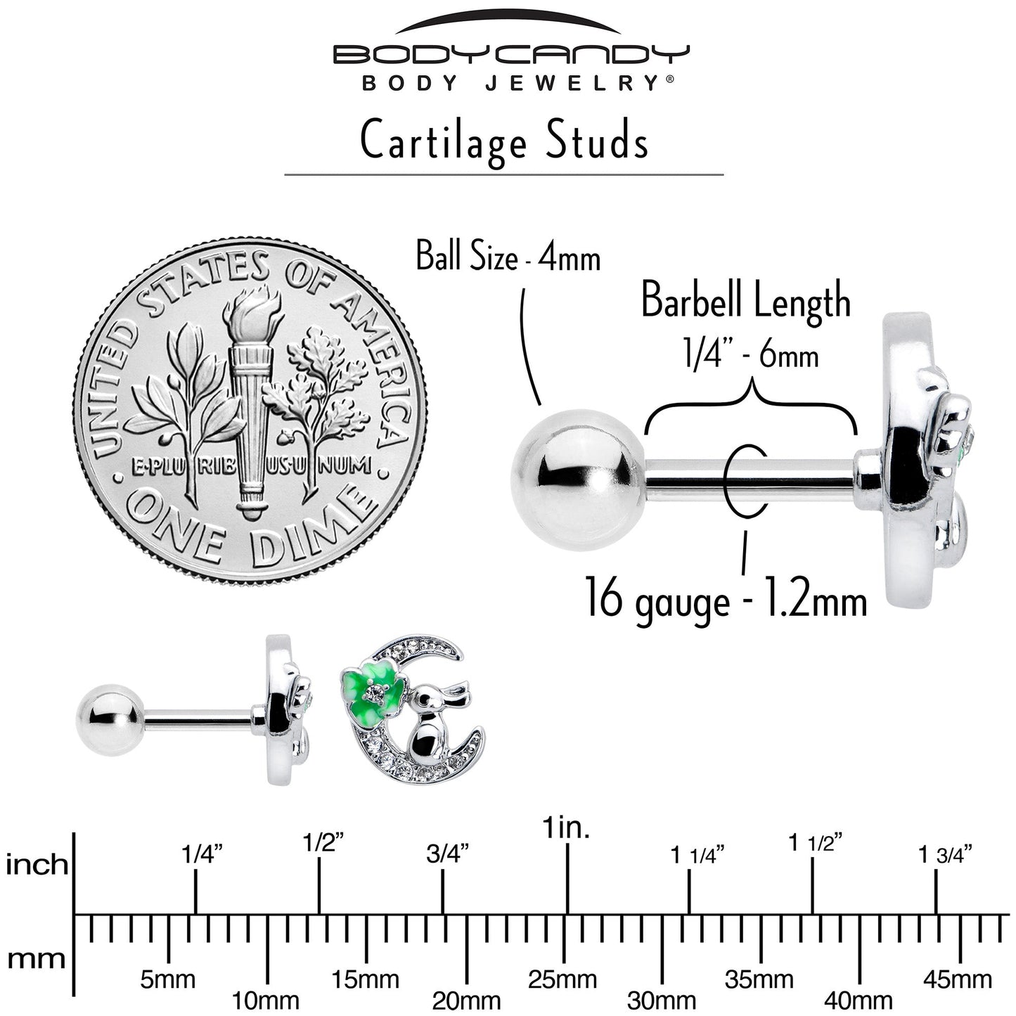 16G 1/4 Clear CZ Gem Rabbit on the Moon Green Cartilage Earring