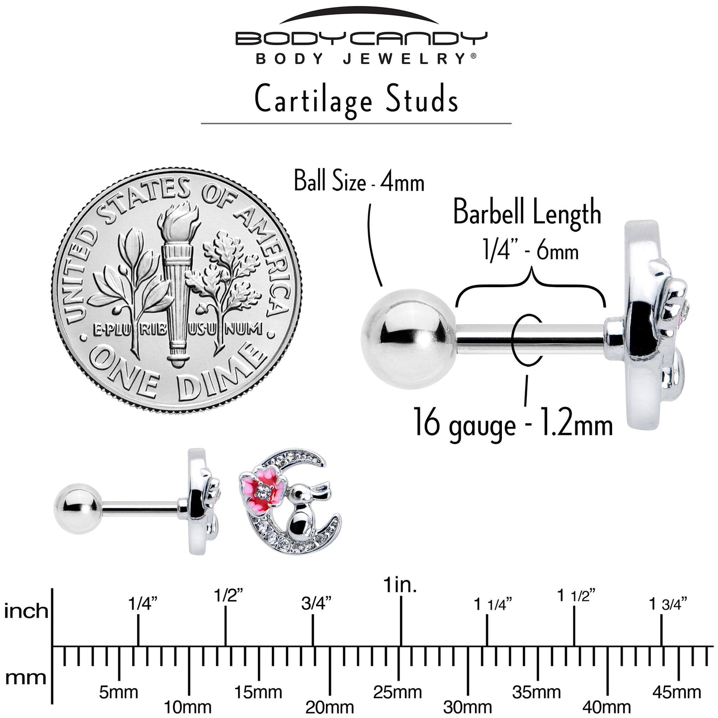 16G 1/4 Clear CZ Gem Rabbit on the Moon Pink Cartilage Earring