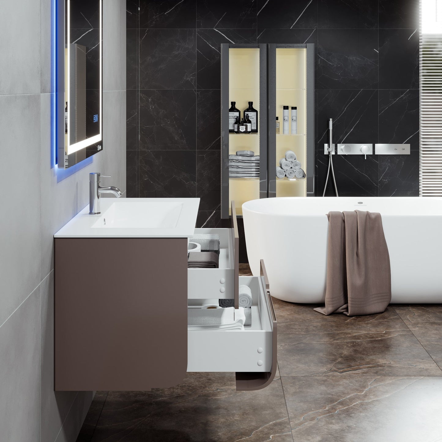Eviva Ways Wall Mount Bath Vanity with Porcelain Top and Integrated Sink