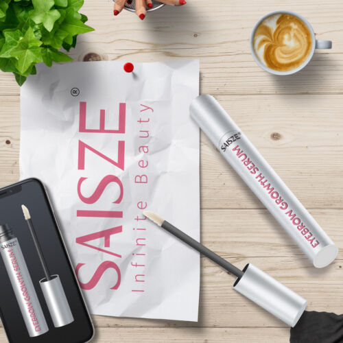 SAISZE beauty products including a serum and a mask on a wooden surface with a cup of coffee and plant.