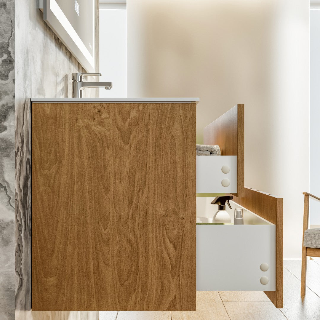 Eviva Lumber Wall Mount Bath Vanity with Solid Surface Top and Integrated Sink