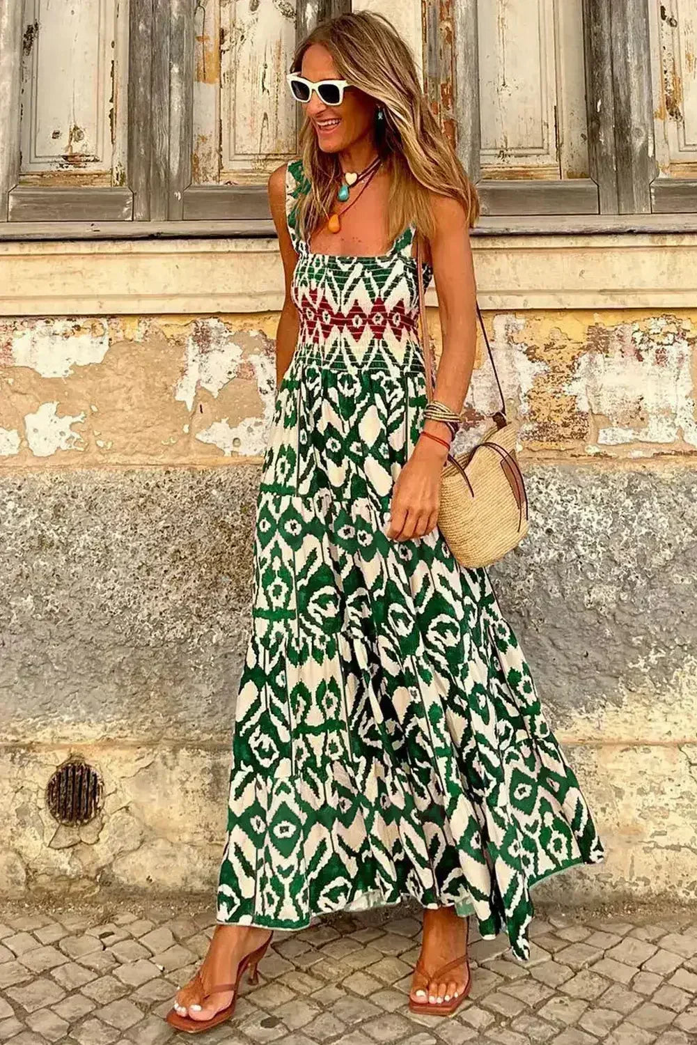 Green Boho Shirred A line Sleeveless Maxi Dress