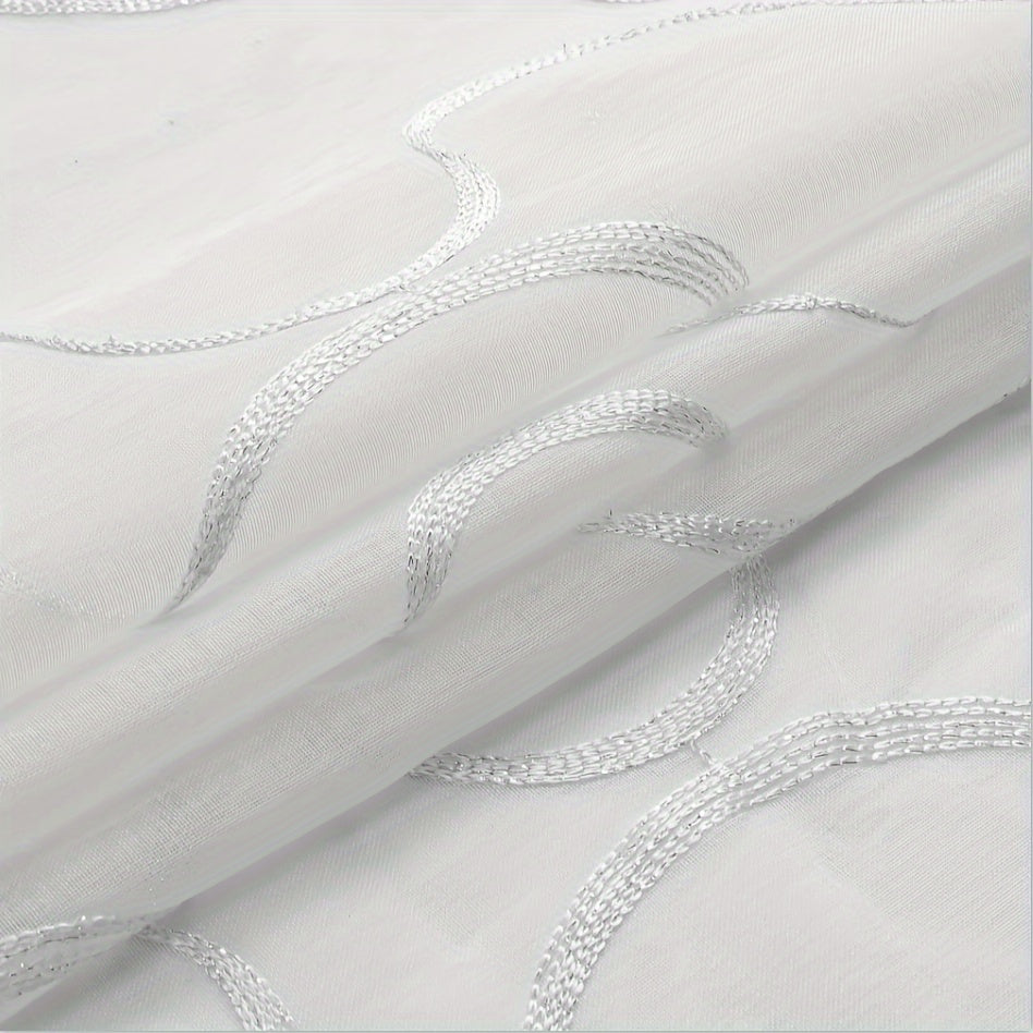 Elegant White Sheer Curtains with Embroidered Trellis Design