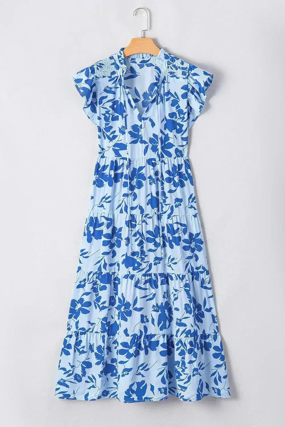 Rose Floral Print Tiered Flutter Sleeve Maxi Dress