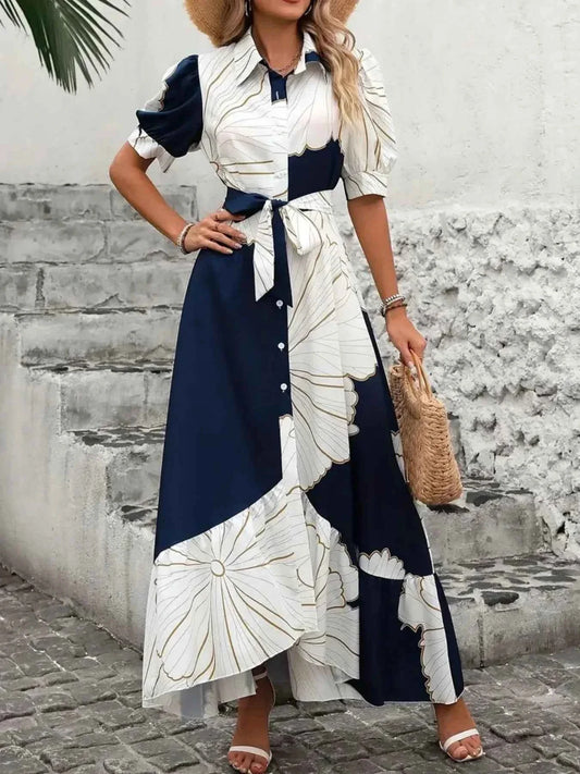 Printed Button Down Half Sleeve Maxi Shirt Dress