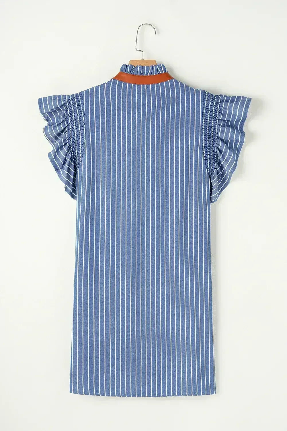 Sky Blue Stripe Frilly Split Neck Shirred Ruffle Sleeve Mini Shift Dress