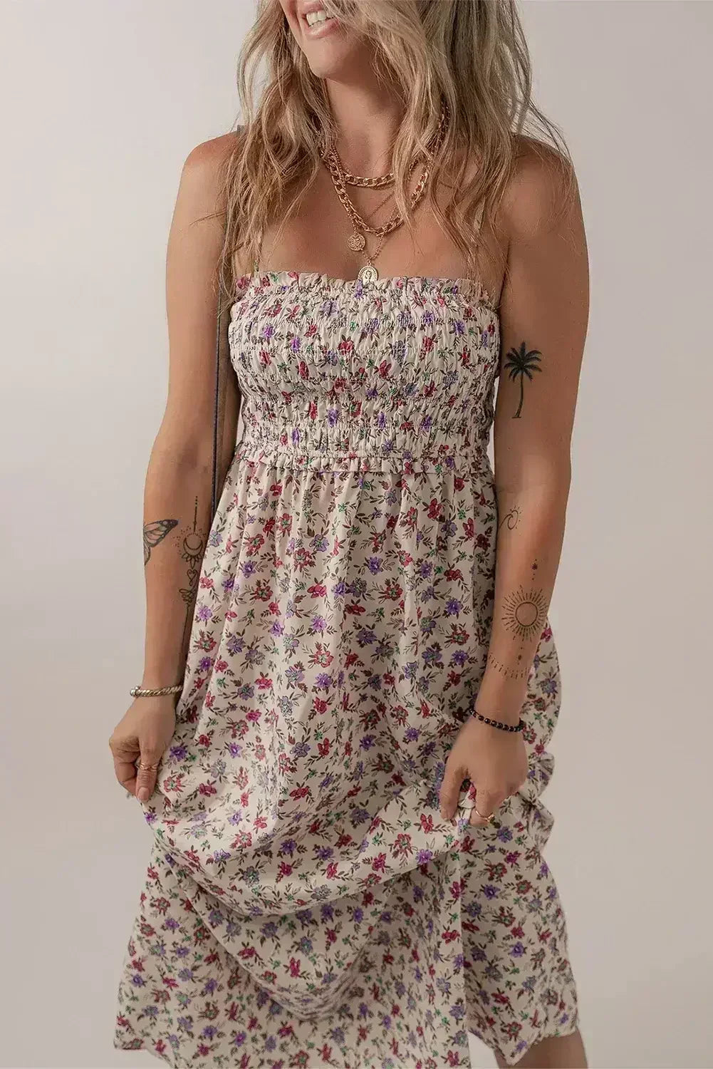 Multicolour Boho Floral Print Spaghetti Strap Flare Midi Dress