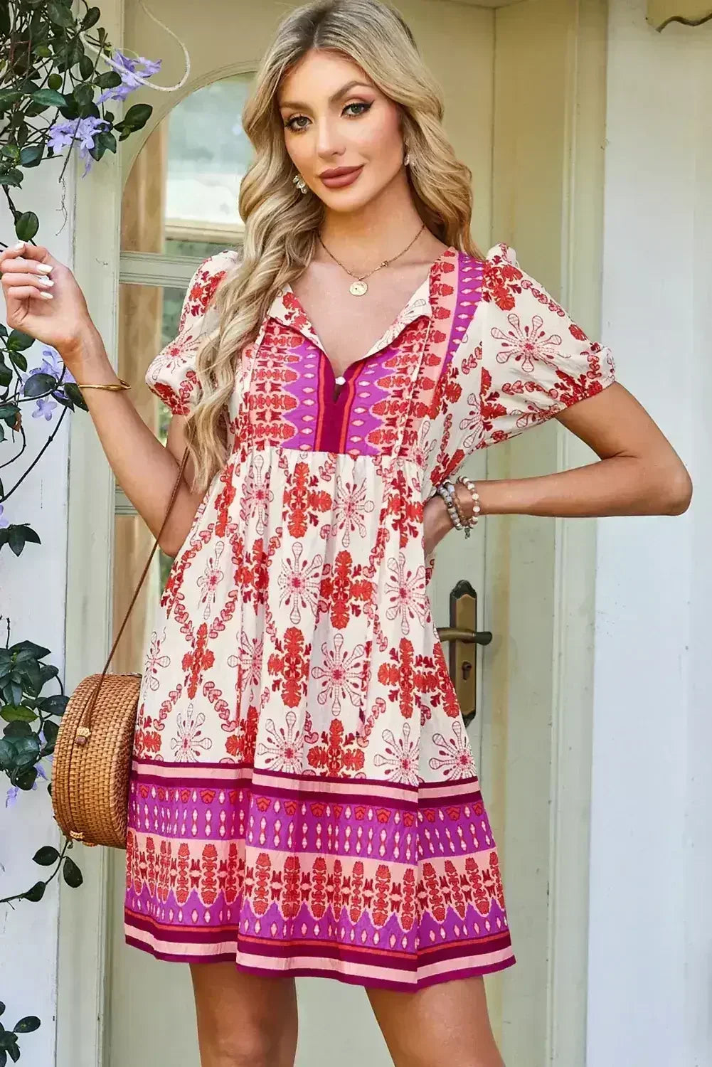 Rose Boho Floral Short Sleeve Tie V Neck Mini Dress