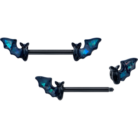 14G 9/16 Black Bats in Blue Barbell Nipple Ring Set
