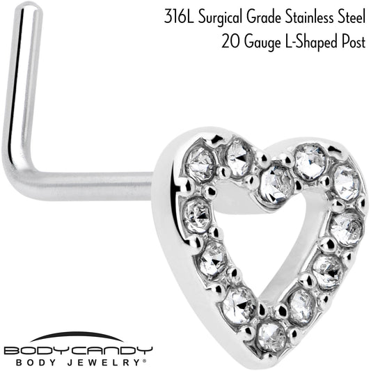 20G 7mm Clear Gem Hollow Paved Heart L Shape Nose Ring