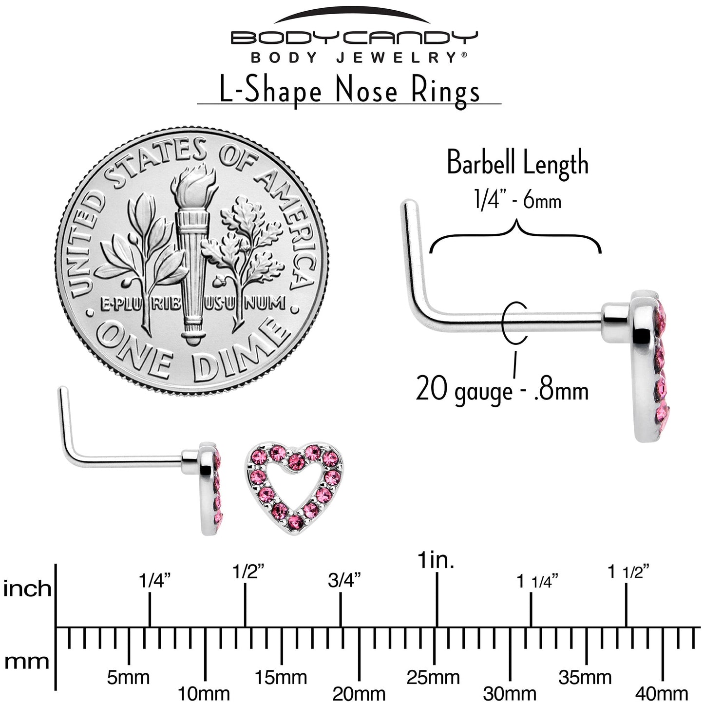 20G 7mm Pink Gem Hollow Paved Heart L Shape Nose Ring